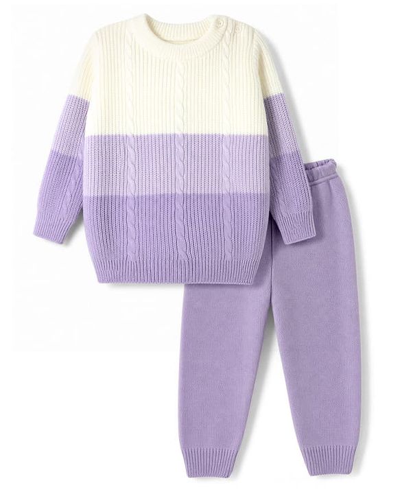 Babyhug Knit Full Sleeves  Sweater Set With Color Block & Cable Knit Design - Purple