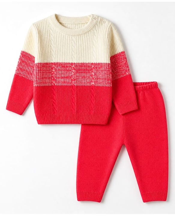 Babyhug Knit Full Sleeves Sweater Set with Color Block Design - Dark Pink