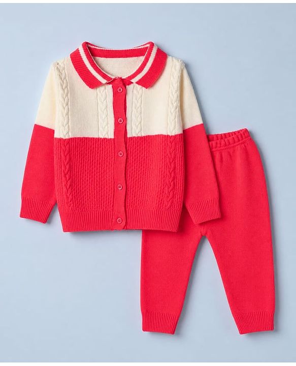 Babyhug Knit Front Open Full Sleeves Polo Collared Sweater & Pant Set with Color Block & Cable Knit - Neon Red