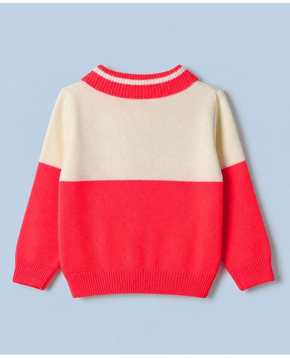 Babyhug Knit Front Open Full Sleeves Polo Collared Sweater & Pant Set with Color Block & Cable Knit - Neon Red
