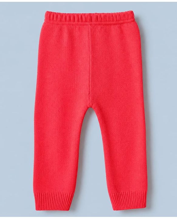 Babyhug Knit Front Open Full Sleeves Polo Collared Sweater & Pant Set with Color Block & Cable Knit - Neon Red