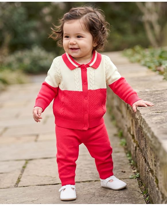 Babyhug Knit Front Open Full Sleeves Polo Collared Sweater & Pant Set with Color Block & Cable Knit - Neon Red