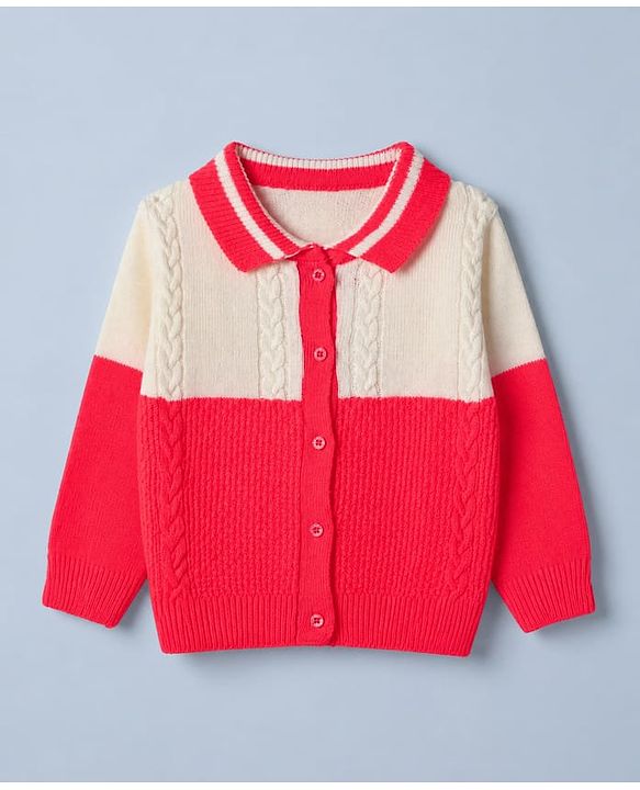 Babyhug Knit Front Open Full Sleeves Polo Collared Sweater & Pant Set with Color Block & Cable Knit - Neon Red