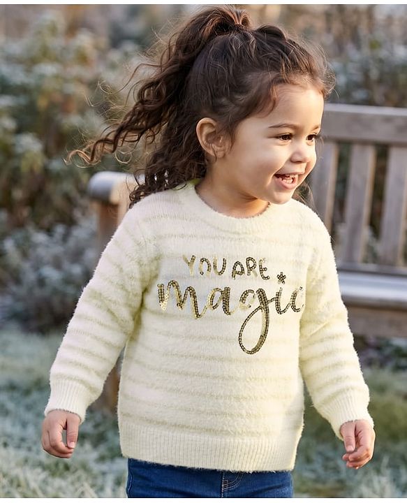 Babyhug Knit Full Sleeves Striped Pullover with You Are Magic Sequins - White