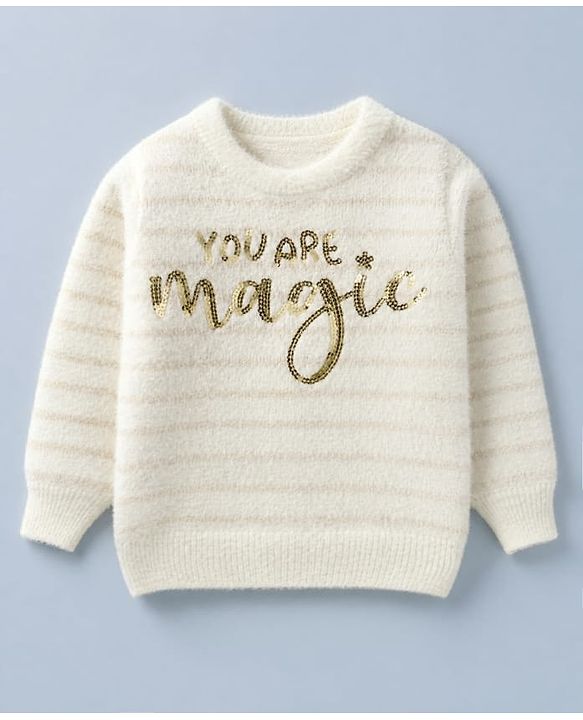 Babyhug Knit Full Sleeves Striped Pullover with You Are Magic Sequins - White
