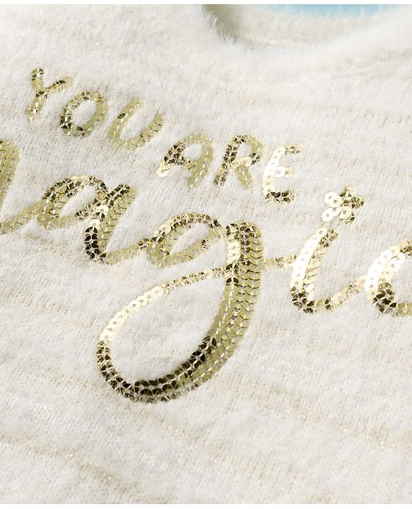 Babyhug Knit Full Sleeves Striped Pullover with You Are Magic Sequins - White