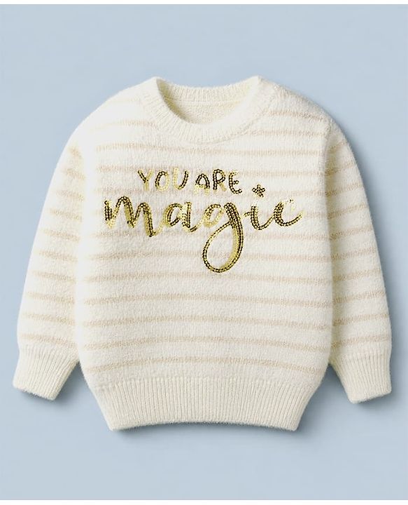 Babyhug Knit Full Sleeves Striped Pullover with You Are Magic Sequins - White