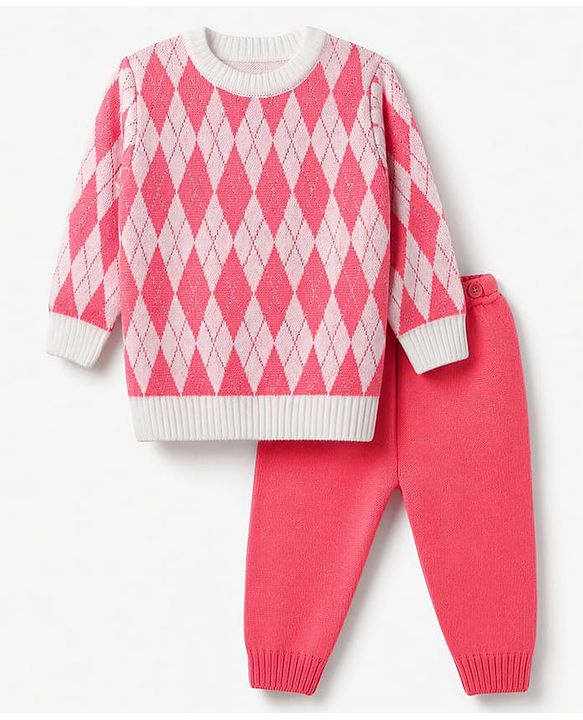 Babyhug Knit Full Sleeves Checked Sweater Set -Pink