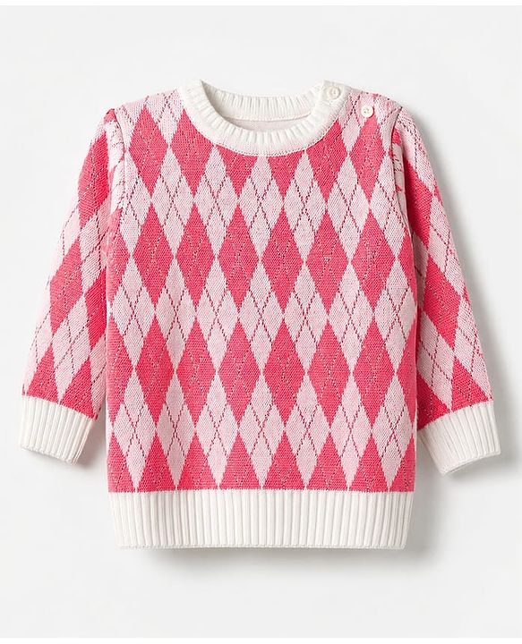 Babyhug Knit Full Sleeves Checked Sweater Set -Pink