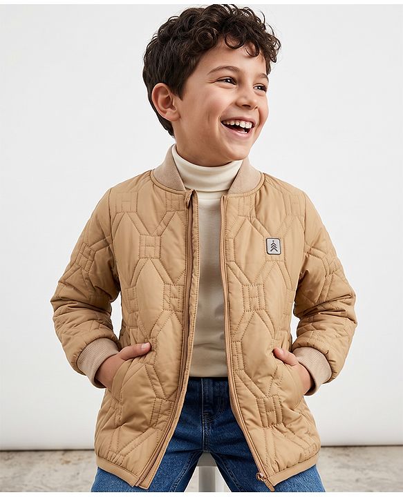 Pine Kids Woven Jacket with Full Sleeves, Geometric Embroidered Pattern in Beige for 4-5 Years