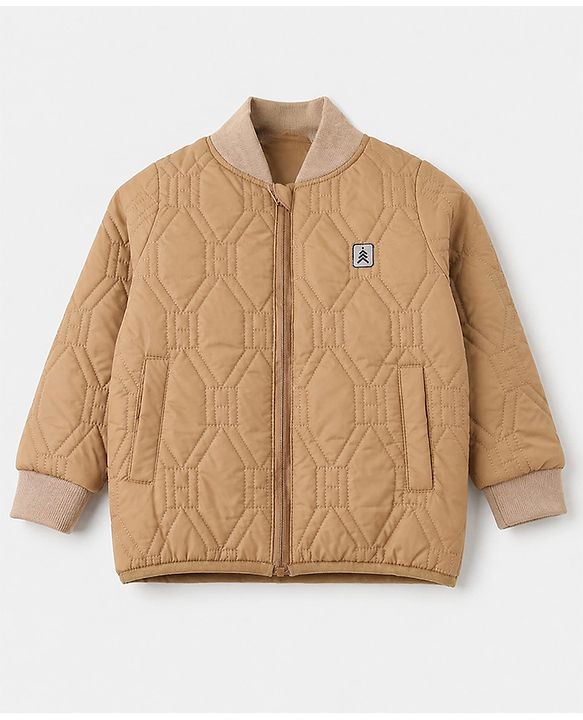 Pine Kids Woven Jacket with Full Sleeves, Geometric Embroidered Pattern in Beige for 4-5 Years
