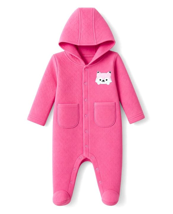 Babyhug Knit Full Sleeves Hooded Winter Wear Romper  With Fox Patch - Fuchsia