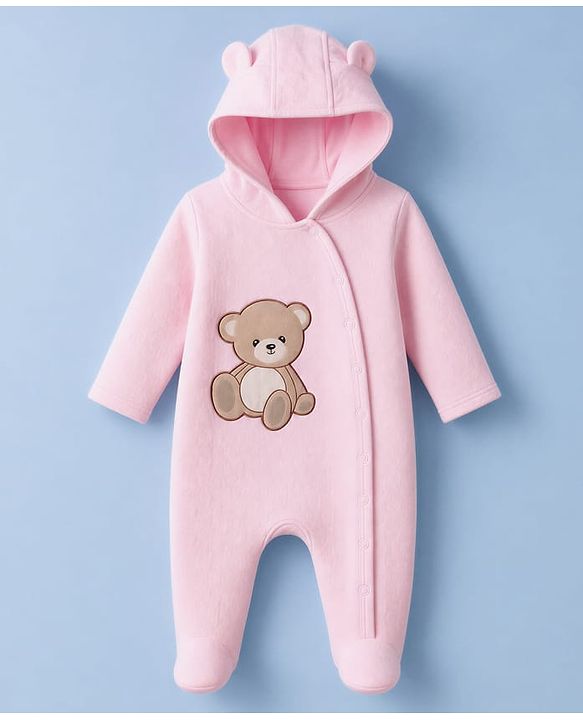 Babyhug Knit Full Sleeves Hooded Winter Wear Romper With Teddy Bear Patch - Pink