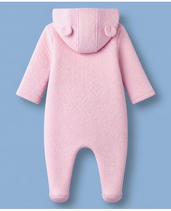 Babyhug Knit Full Sleeves Hooded Winter Wear Romper With Teddy Bear Patch - Pink