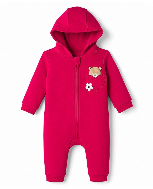 Babyhug Knit Full Sleeves Hooded Winter Wear Romper With Teddy Bear Embroidery - Red