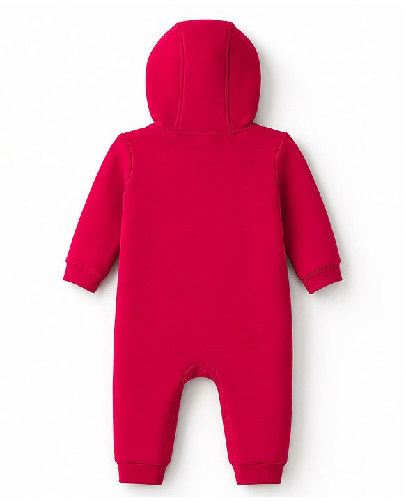 Babyhug Knit Full Sleeves Hooded Winter Wear Romper With Teddy Bear Embroidery - Red