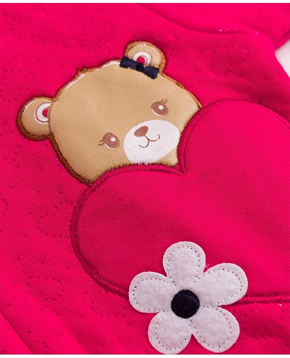 Babyhug Knit Full Sleeves Hooded Winter Wear Romper With Teddy Bear Embroidery - Red