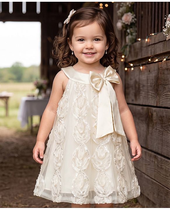 Babyhug Mesh Woven Sleeveless Party Dress With All Over 3D Floral Rosette Applique with Sequence Detailing - Beige