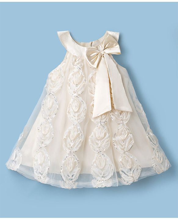 Babyhug Mesh Woven Sleeveless Party Dress With All Over 3D Floral Rosette Applique with Sequence Detailing - Beige