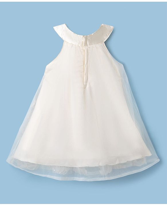 Babyhug Mesh Woven Sleeveless Party Dress With All Over 3D Floral Rosette Applique with Sequence Detailing - Beige