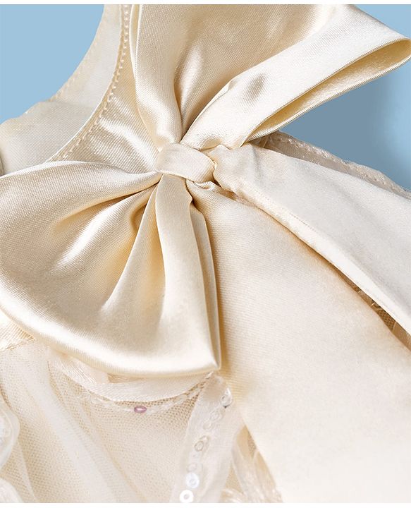 Babyhug Mesh Woven Sleeveless Party Dress With All Over 3D Floral Rosette Applique with Sequence Detailing - Beige