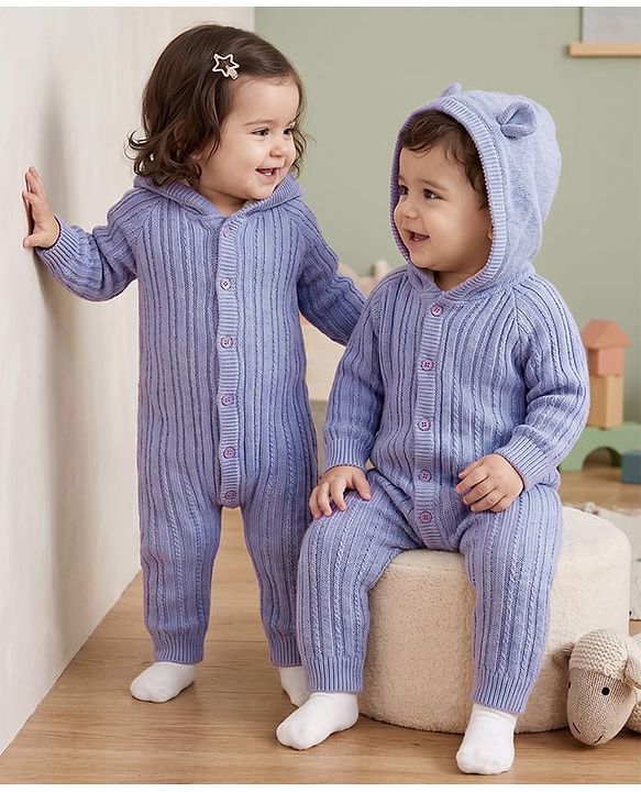 Babyhug Knit Full Sleeves Hooded Winter Wear Romper With Cable Knit Design - Light Blue