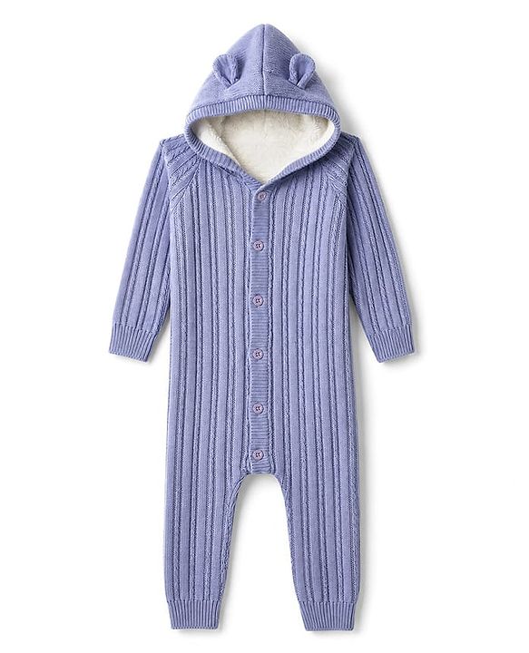 Babyhug Knit Full Sleeves Hooded Winter Wear Romper With Cable Knit Design - Light Blue