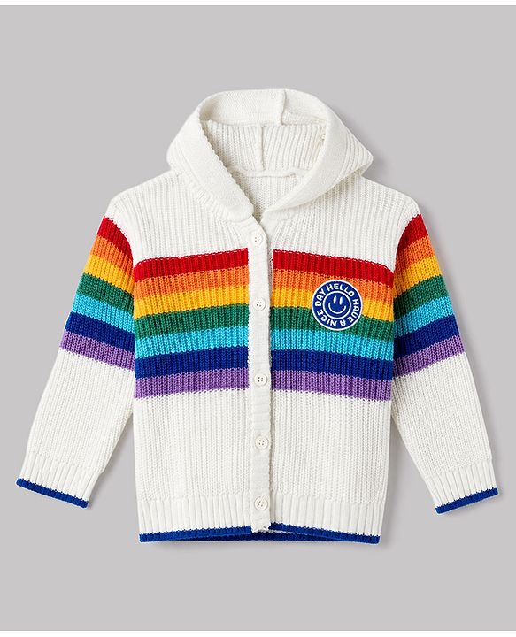 Babyhug Knit Full Sleeves Striped Hooded Front Open Sweater With Patch - White
