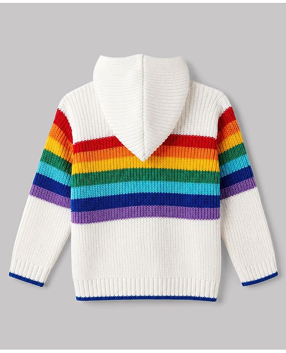 Babyhug Knit Full Sleeves Striped Hooded Front Open Sweater With Patch - White