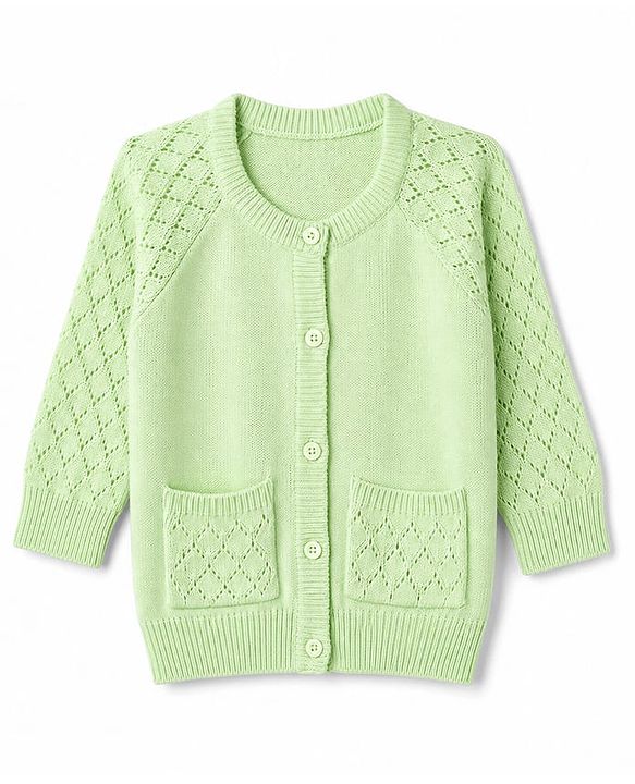 Babyhug Knit Full Raglan Sleeves Embroidered Front Open Sweater - Light Green