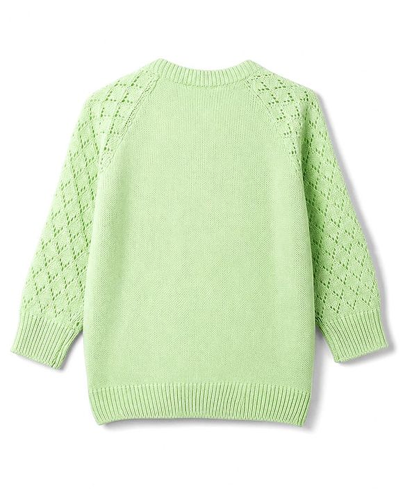 Babyhug Knit Full Raglan Sleeves Embroidered Front Open Sweater - Light Green