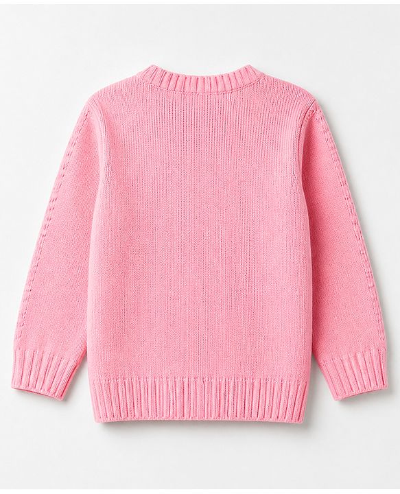 Babyhug Knit Full Sleeves Front Open Sweater with Floral Strawberry Design - Baby pink