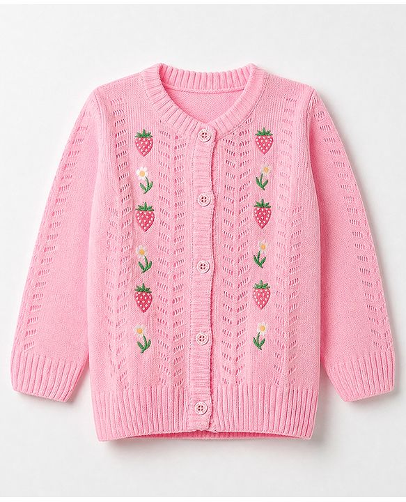 Babyhug Knit Full Sleeves Front Open Sweater with Floral Strawberry Design - Baby pink