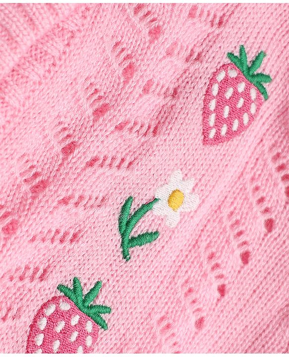 Babyhug Knit Full Sleeves Front Open Sweater with Floral Strawberry Design - Baby pink