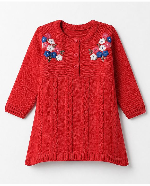 Babyhug Knit Full Sleeves Woolen Dress with Floral Design - Coral