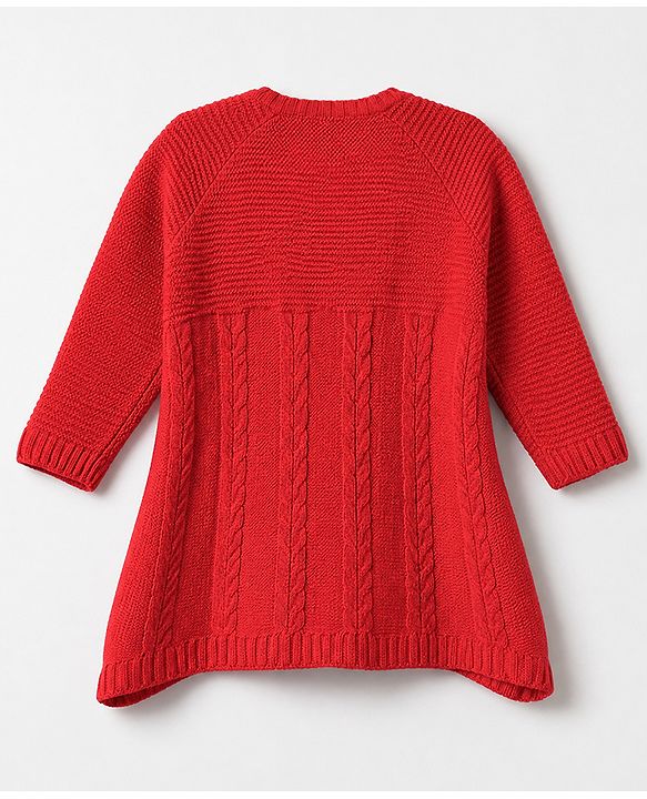 Babyhug Knit Full Sleeves Woolen Dress with Floral Design - Coral