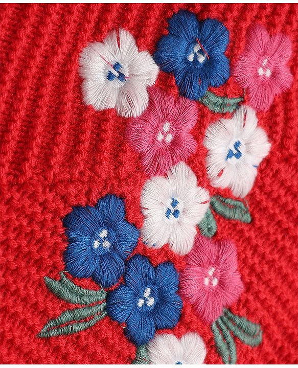 Babyhug Knit Full Sleeves Woolen Dress with Floral Design - Coral