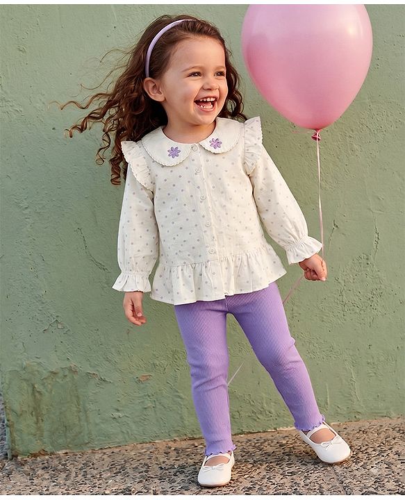 Babyhug 100% Cotton Single Jersey Knit Full Sleeves Top & Leggings Set With Floral Embroidery & Polka Dots Print - Lavender