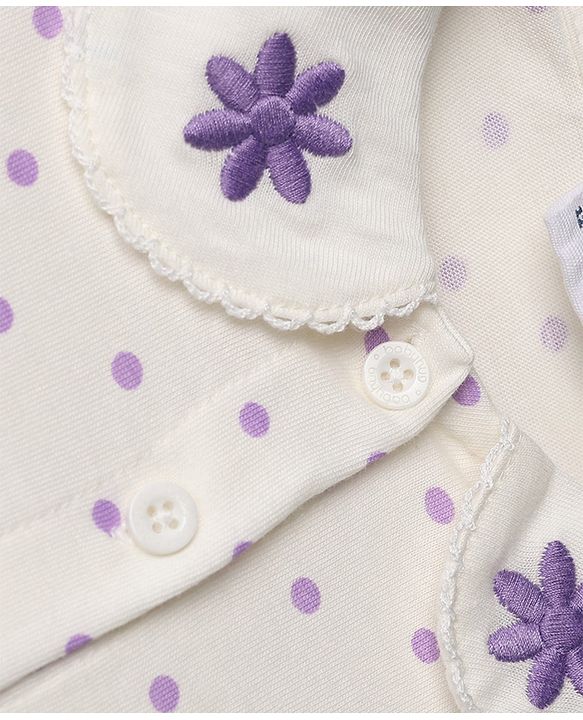 Babyhug 100% Cotton Single Jersey Knit Full Sleeves Top & Leggings Set With Floral Embroidery & Polka Dots Print - Lavender