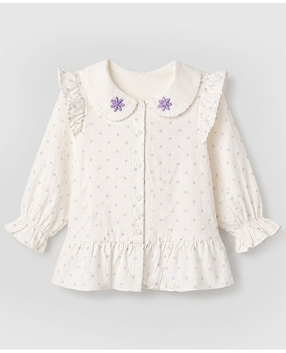 Babyhug 100% Cotton Single Jersey Knit Full Sleeves Top & Leggings Set With Floral Embroidery & Polka Dots Print - Lavender