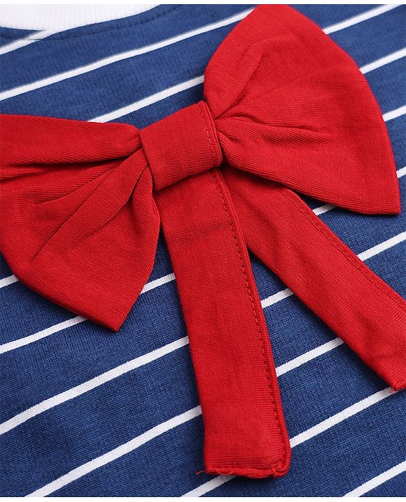 Babyhug 100% Cotton Single Jersey Knit Full Sleeves Striped Top With Bow Applique & Pant Set - Navy Blue