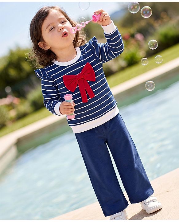 Babyhug 100% Cotton Single Jersey Knit Full Sleeves Striped Top With Bow Applique & Pant Set - Navy Blue