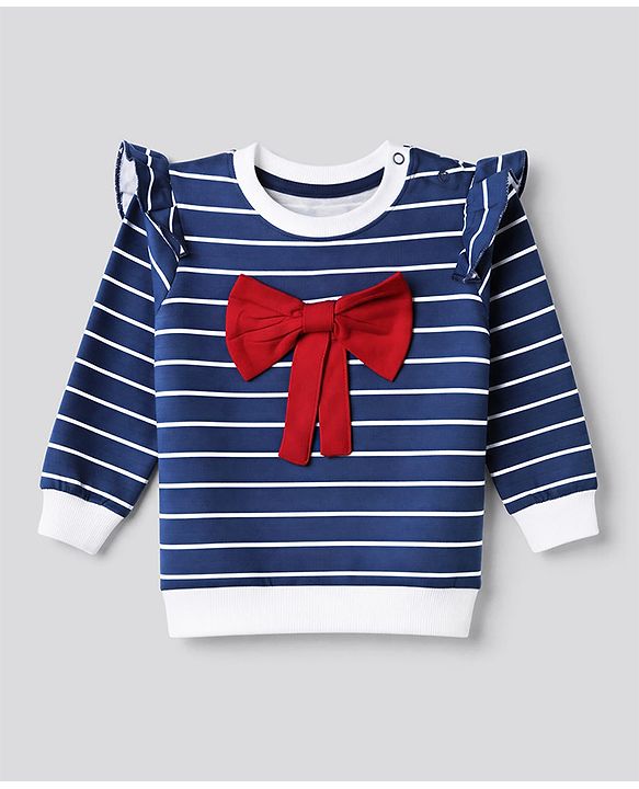 Babyhug 100% Cotton Single Jersey Knit Full Sleeves Striped Top With Bow Applique & Pant Set - Navy Blue