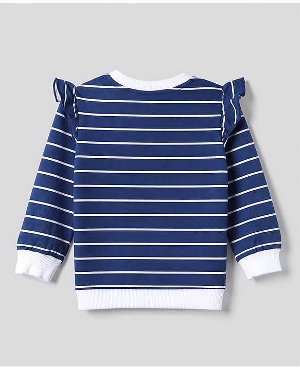 Babyhug 100% Cotton Single Jersey Knit Full Sleeves Striped Top With Bow Applique & Pant Set - Navy Blue