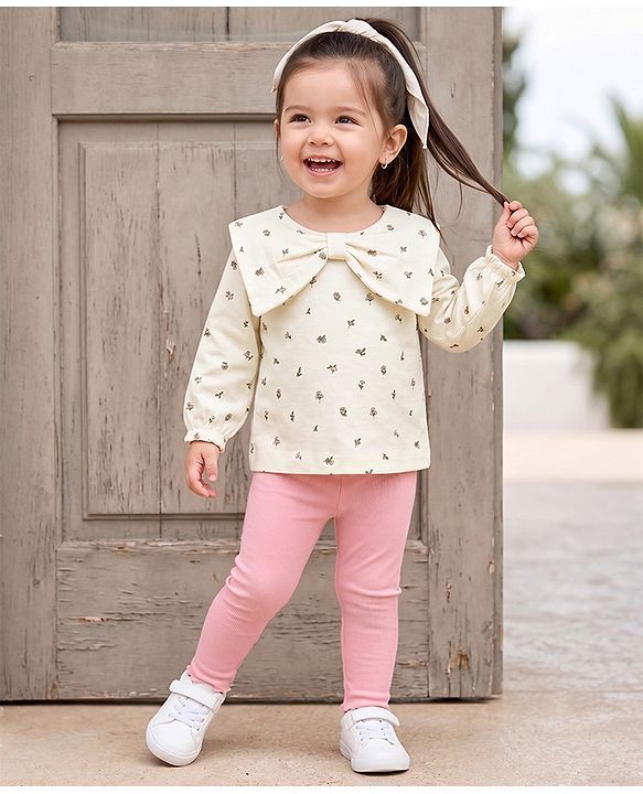 Babyhug 100% Cotton Single Jersey Knit Full Sleeves Floral Printed Top & Leggings - Cream