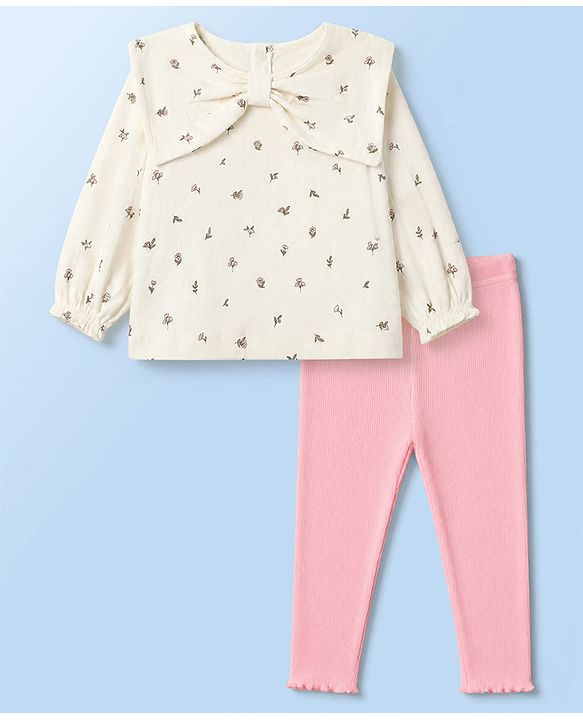 Babyhug 100% Cotton Single Jersey Knit Full Sleeves Floral Printed Top & Leggings - Cream