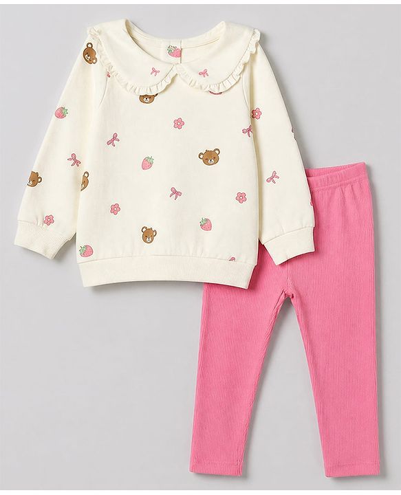 Babyhug 100% Cotton Single Jersey Knit Full Sleeves Top & Leggings Set With Bear & Bow Print - Cream & Pink