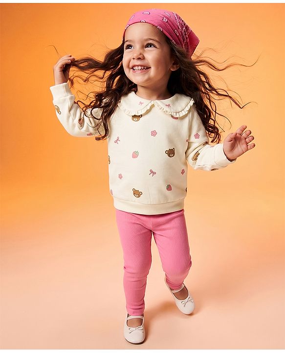 Babyhug 100% Cotton Single Jersey Knit Full Sleeves Top & Leggings Set With Bear & Bow Print - Cream & Pink