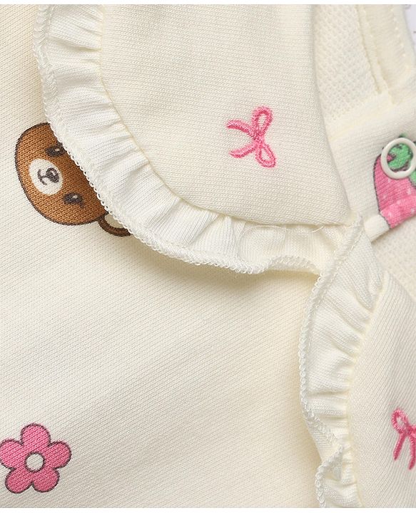 Babyhug 100% Cotton Single Jersey Knit Full Sleeves Top & Leggings Set With Bear & Bow Print - Cream & Pink