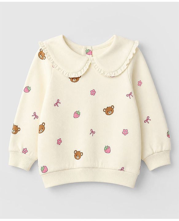 Babyhug 100% Cotton Single Jersey Knit Full Sleeves Top & Leggings Set With Bear & Bow Print - Cream & Pink
